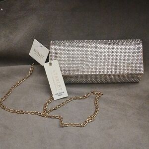 Starlet Silver and Gold Crystal Clutch with Removable Gold Chain NEW